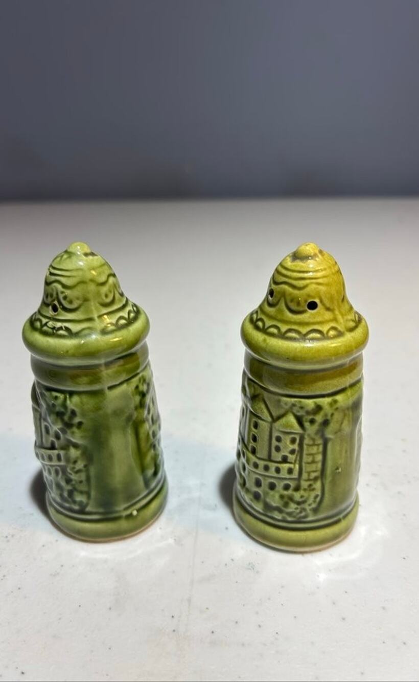 Vintage Green Ceramic Castle Salt and Pepper Shakers Made in Japan